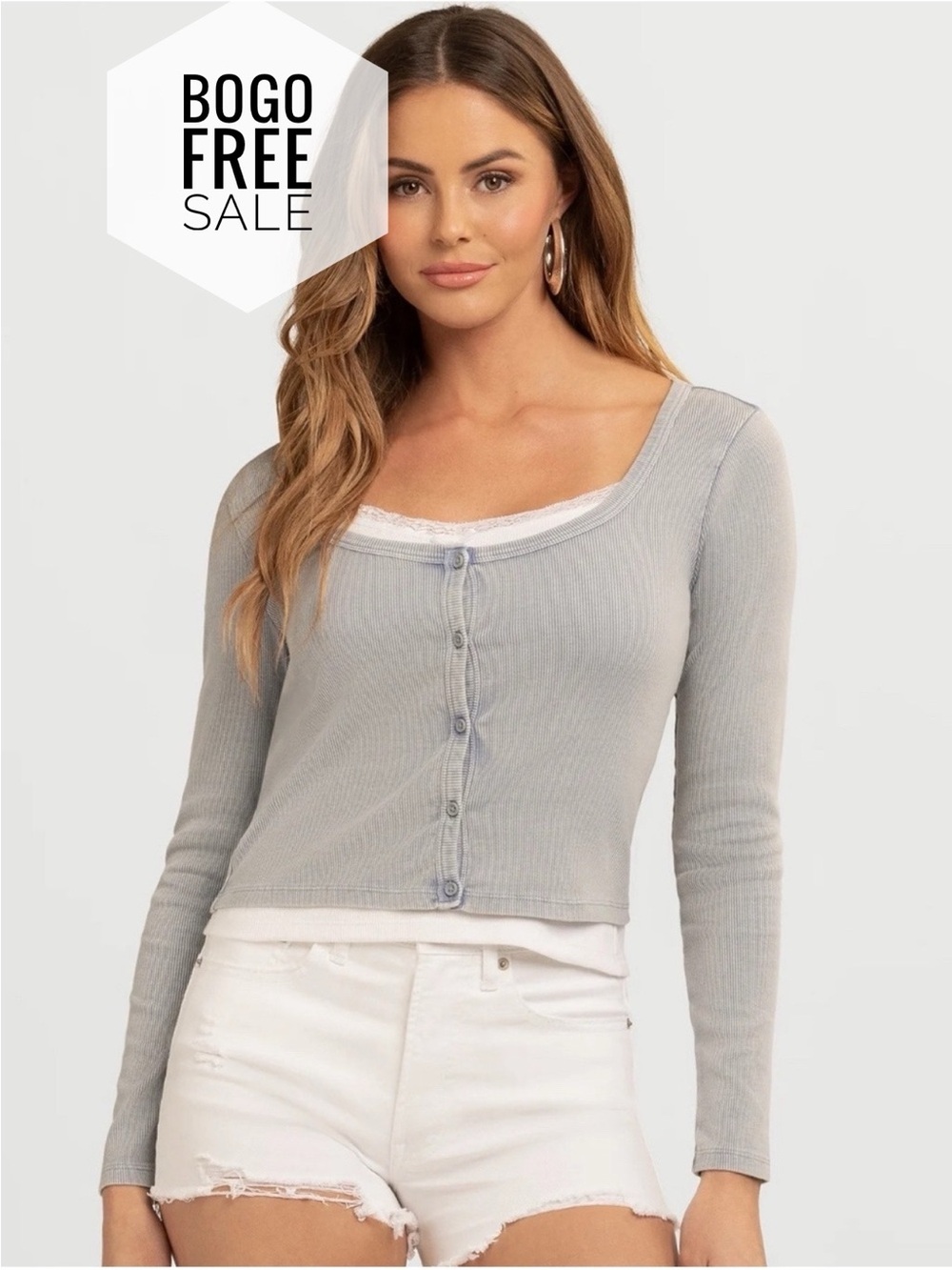 Jessica Simpson Manuela Ribbed Scoop Neck Henley Top